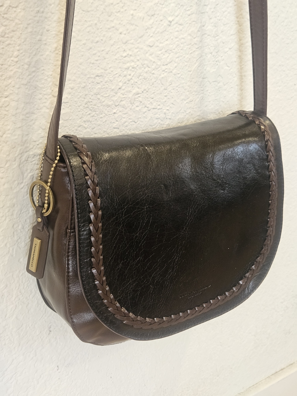 Tignanello Two-Tone Leather Boho Saddle Crossbody Bag Flap Braided Trim